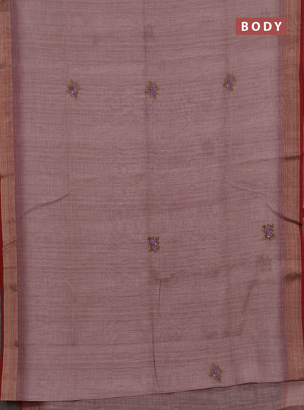 Tissue linen saree pink and maroon with embroidery buttas and embroidery kantha stitch work pallu