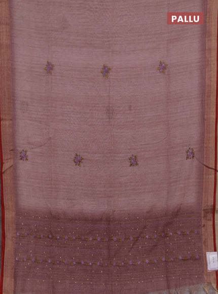 Tissue linen saree pink and maroon with embroidery buttas and embroidery kantha stitch work pallu