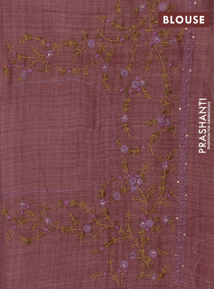 Tissue linen saree pink and maroon with embroidery buttas and embroidery kantha stitch work pallu