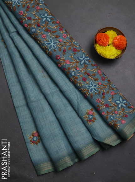 Linen cotton saree pastel blue with embroidery buttas and embroidery pallu