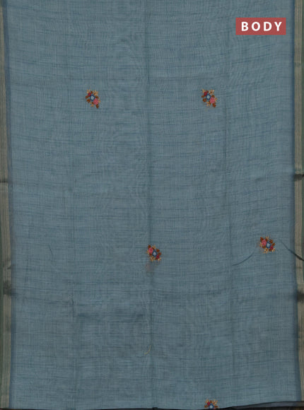 Linen cotton saree pastel blue with embroidery buttas and embroidery pallu
