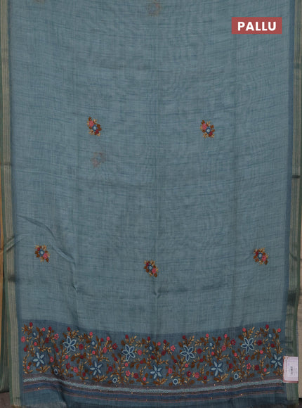 Linen cotton saree pastel blue with embroidery buttas and embroidery pallu
