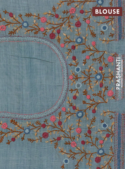Linen cotton saree pastel blue with embroidery buttas and embroidery pallu