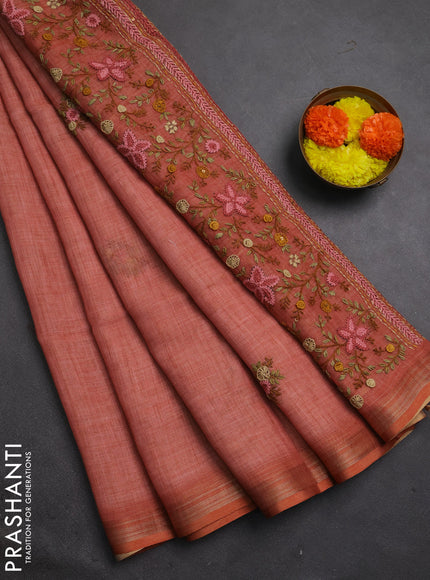 Linen cotton saree peach orange with embroidery buttas and embroidery pallu