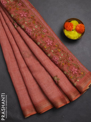 Linen cotton saree peach orange with embroidery buttas and embroidery pallu