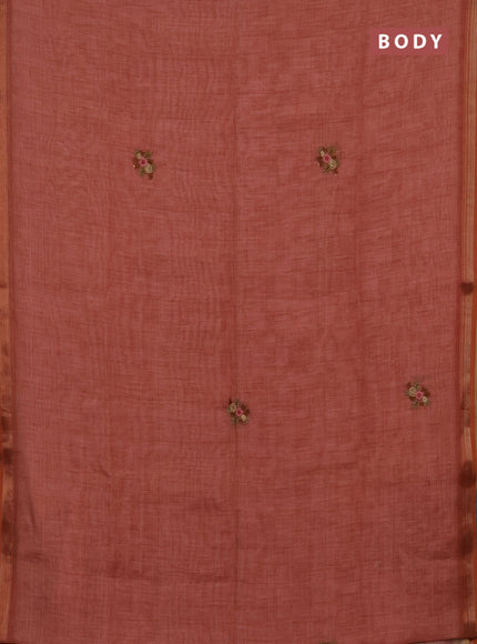 Linen cotton saree peach orange with embroidery buttas and embroidery pallu