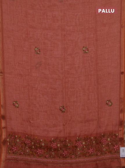 Linen cotton saree peach orange with embroidery buttas and embroidery pallu