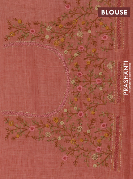 Linen cotton saree peach orange with embroidery buttas and embroidery pallu