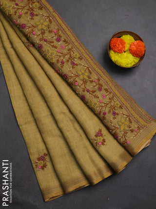 Linen cotton saree pale yellow with embroidery buttas and embroidery pallu