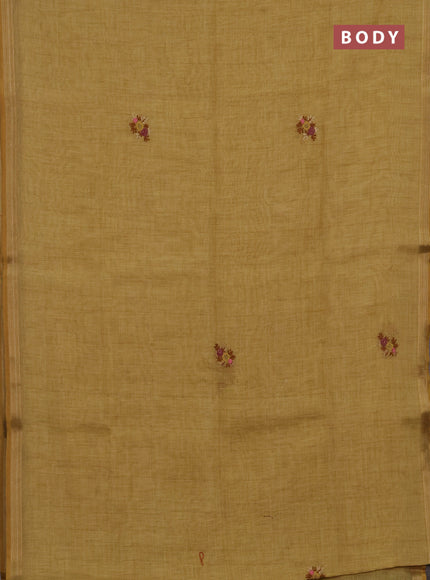 Linen cotton saree pale yellow with embroidery buttas and embroidery pallu