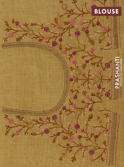 Linen cotton saree pale yellow with embroidery buttas and embroidery pallu