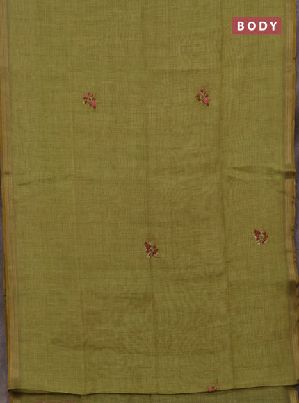 Linen cotton saree light green with embroidery buttas and embroidery pallu