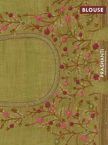 Linen cotton saree light green with embroidery buttas and embroidery pallu