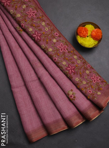 Linen cotton saree mauve pink with embroidery buttas and embroidery pallu