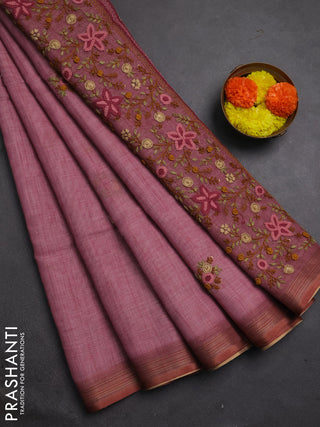 Linen cotton saree mauve pink with embroidery buttas and embroidery pallu