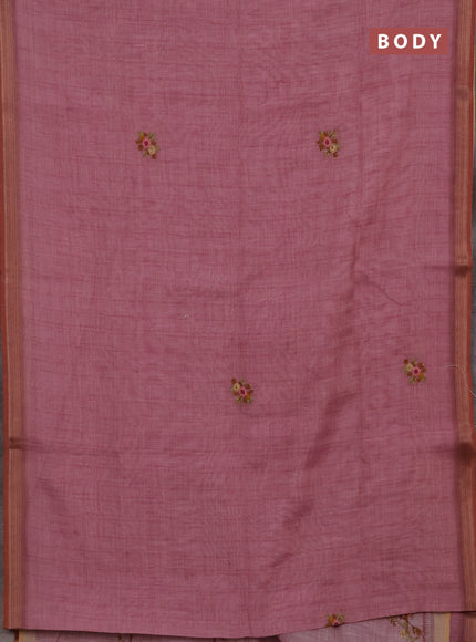 Linen cotton saree mauve pink with embroidery buttas and embroidery pallu