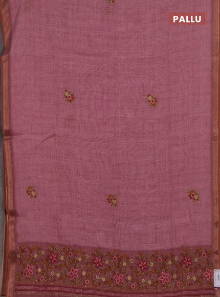 Linen cotton saree mauve pink with embroidery buttas and embroidery pallu
