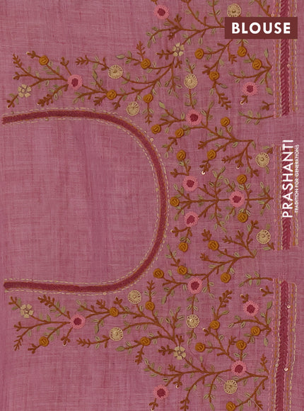 Linen cotton saree mauve pink with embroidery buttas and embroidery pallu