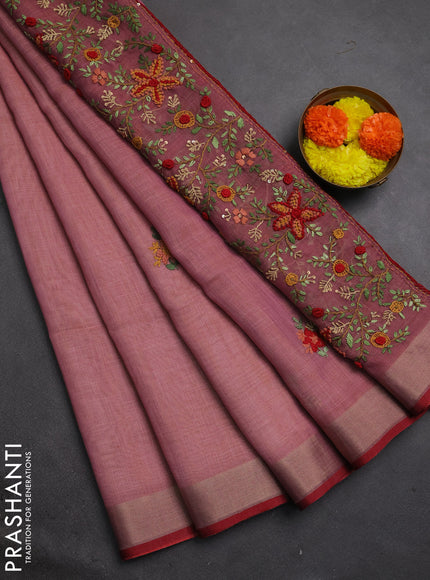 Linen cotton saree mauve pink with embroidery buttas and embroidery pallu