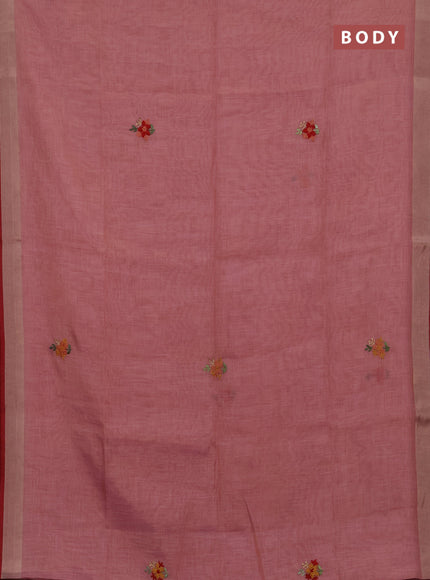 Linen cotton saree mauve pink with embroidery buttas and embroidery pallu
