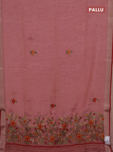Linen cotton saree mauve pink with embroidery buttas and embroidery pallu