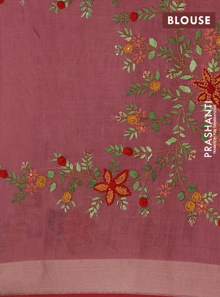 Linen cotton saree mauve pink with embroidery buttas and embroidery pallu