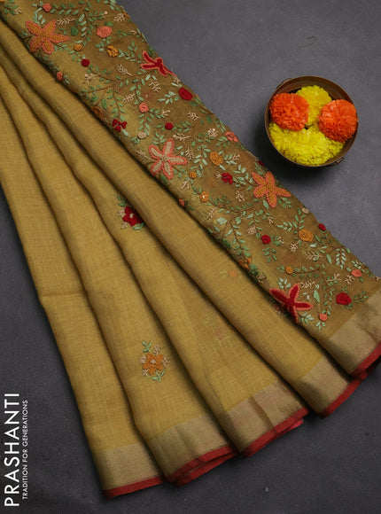 Linen cotton saree mehendi green and maroon with embroidery buttas and embroidery pallu