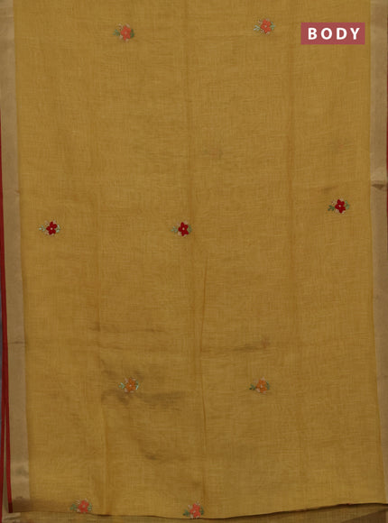 Linen cotton saree mehendi green and maroon with embroidery buttas and embroidery pallu