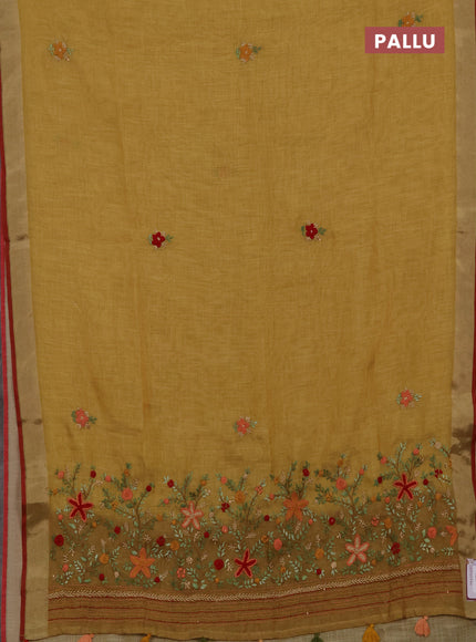 Linen cotton saree mehendi green and maroon with embroidery buttas and embroidery pallu