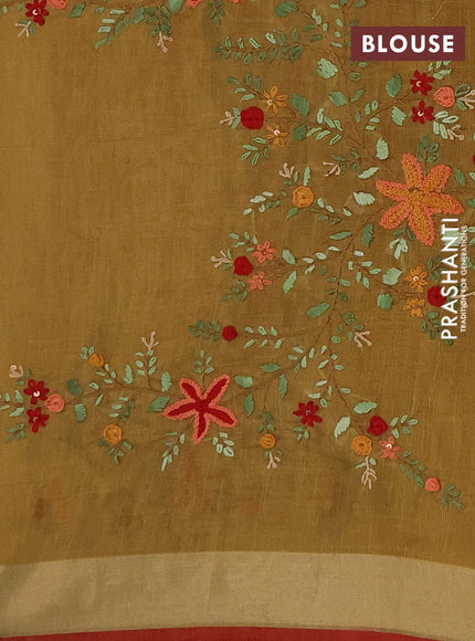 Linen cotton saree mehendi green and maroon with embroidery buttas and embroidery pallu