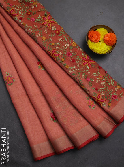 Linen cotton saree peach pink and maroon with embroidery buttas and embroidery pallu