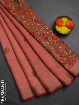 Linen cotton saree peach pink and maroon with embroidery buttas and embroidery pallu