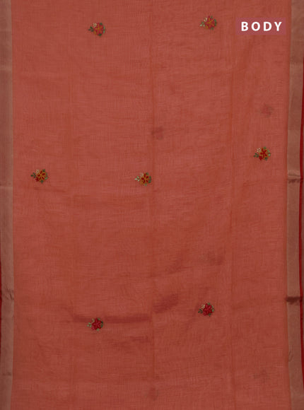 Linen cotton saree peach pink and maroon with embroidery buttas and embroidery pallu