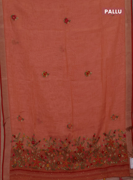 Linen cotton saree peach pink and maroon with embroidery buttas and embroidery pallu