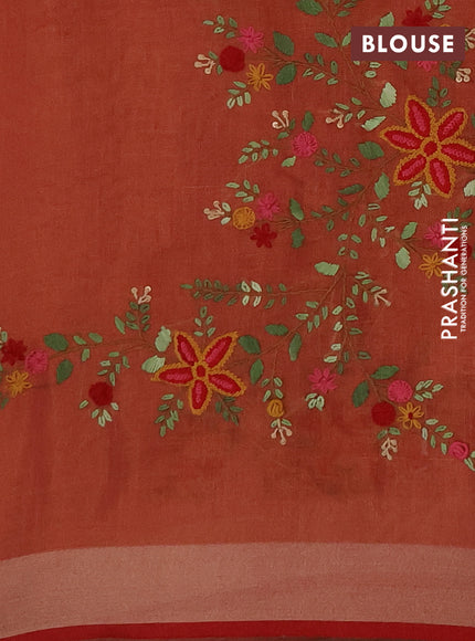 Linen cotton saree peach pink and maroon with embroidery buttas and embroidery pallu