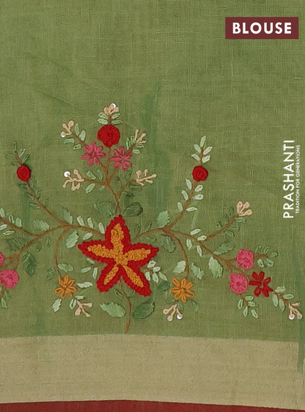 Linen cotton saree green with embroidery buttas and embroidery pallu