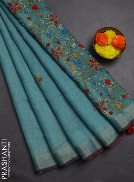 Linen cotton saree teal blue with embroidery buttas and embroidery pallu
