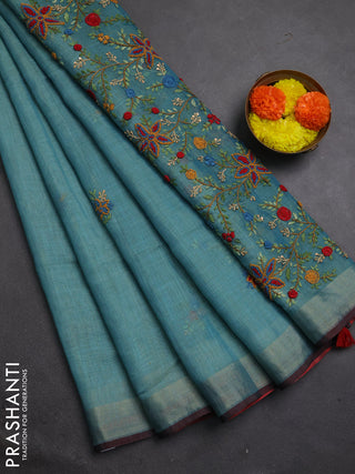 Linen cotton saree teal blue with embroidery buttas and embroidery pallu