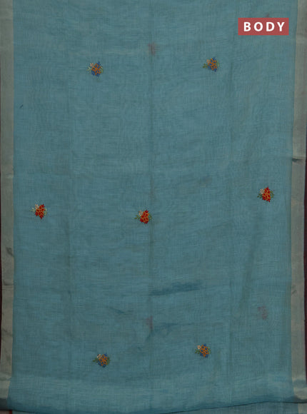 Linen cotton saree teal blue with embroidery buttas and embroidery pallu