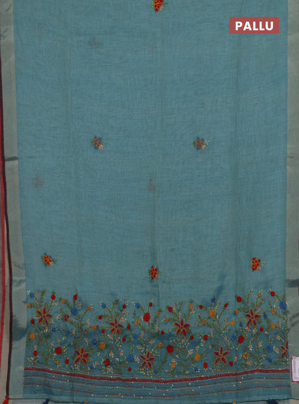 Linen cotton saree teal blue with embroidery buttas and embroidery pallu