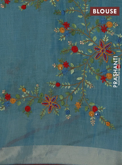 Linen cotton saree teal blue with embroidery buttas and embroidery pallu