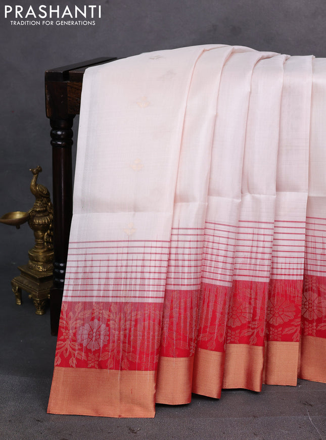 Cream & Red Pure Soft Silk Saree - Buttas