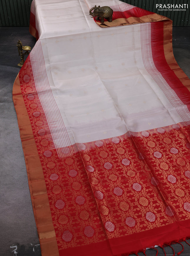 Cream & Red Pure Soft Silk Saree - Buttas