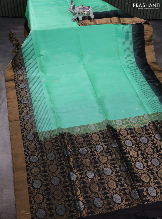 Teal & Black Pure Soft Silk Saree - Buttas