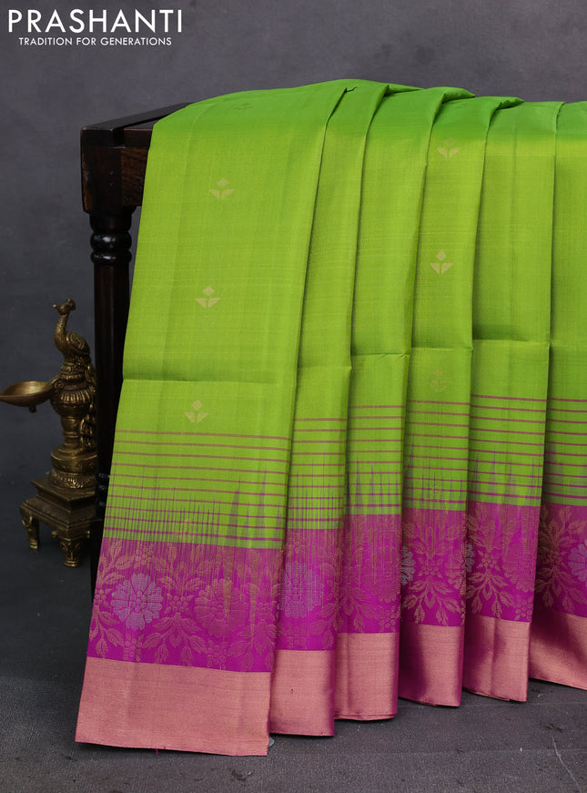 Green & Magenta Pink Pure Soft Silk Saree - Buttas