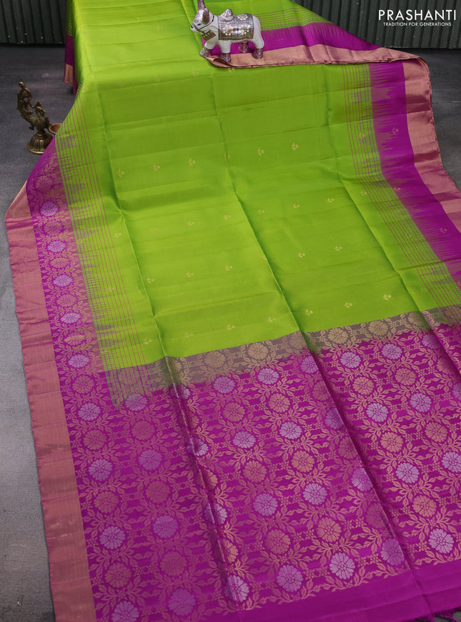 Green & Magenta Pink Pure Soft Silk Saree - Buttas