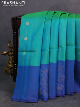 Teal Green & Blue Pure Soft Silk Saree - Weaves