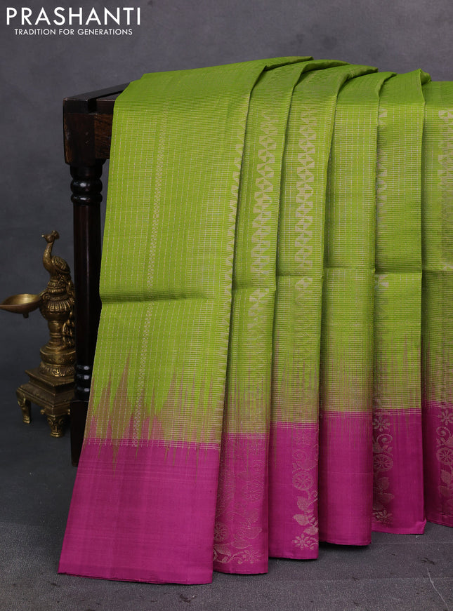 Green & Magenta Pink Pure Soft Silk Saree - Weaves