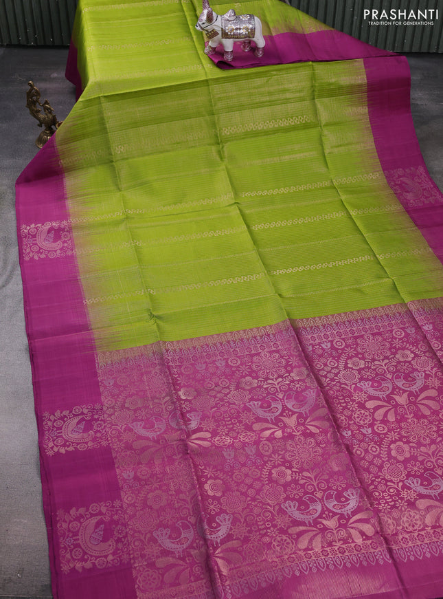Green & Magenta Pink Pure Soft Silk Saree - Weaves