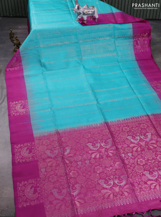 Teal Blue & Magenta Pink Pure Soft Silk Saree - Weaves